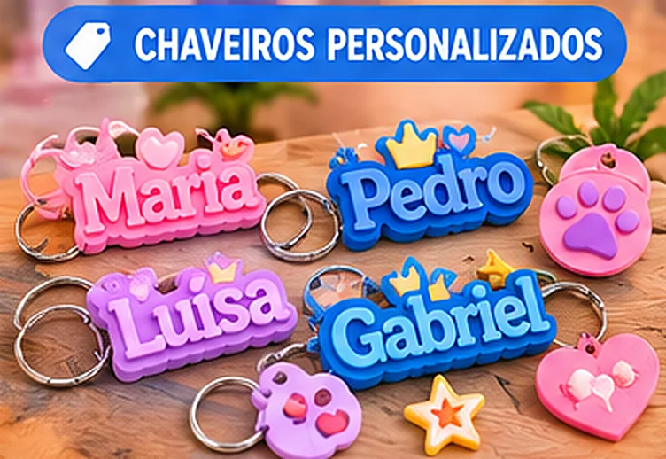 Chaveiros personalizados produzidos em impressão 3D